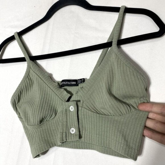 SOLD-Pretty Little Thing Green Ribbed Button Up Bra Top Crop Top 4 - Picture 14 of 14